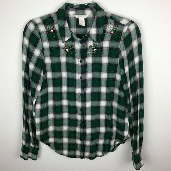 H&M Tops - H&M Spider Beaded Plaid Button Down Top Size 6